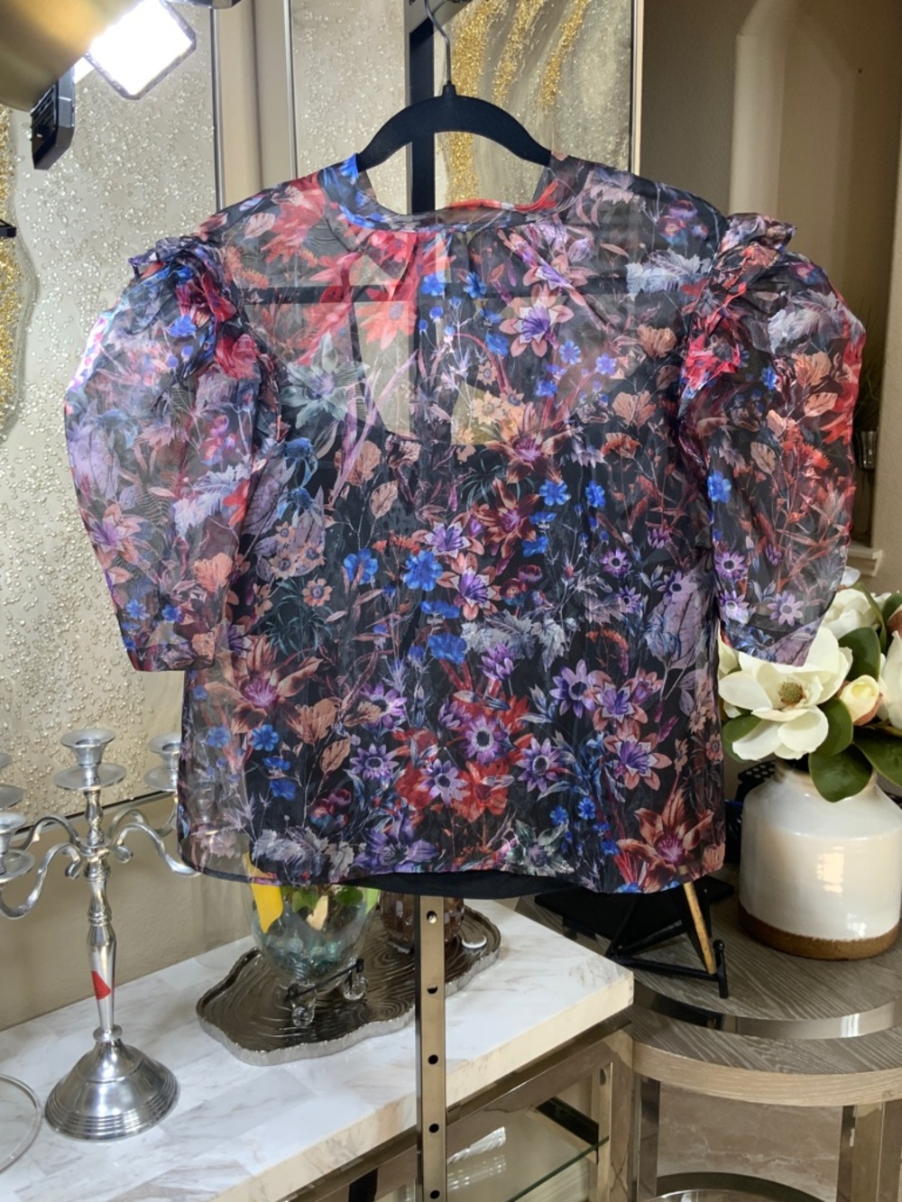 Anthropologie Sheer Floral Puff-Sleeve Blouse in Black with Multicolor Flowers